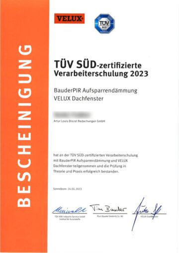 TÜV Zertifikat  BAUDER PIR und VELUX Dachfenster