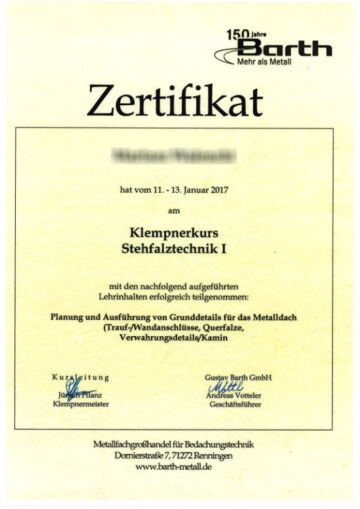 Zertifikat Klempnerkurs Stehfalztechnik 1