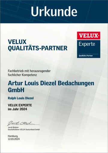 Zertifikat VELUX Qualitätspartner 2024