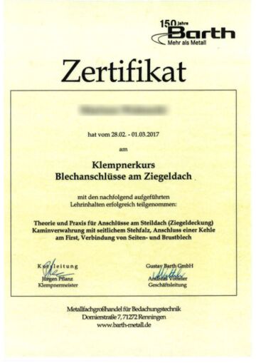 Zertifikat Klempnerkurs Blechanschlüsse