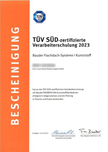 TÜV Zertifikat Bauder Flachdach-Systeme