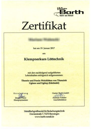 Zertifikat Klempnerkurs Löttechnik